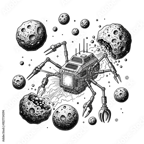 Mining drone harvesting asteroids in space with futuristic technology  