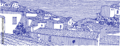 A blue and white drawing of a town with houses and a church. The houses are small and the church is in the middle of the town. vector illustration