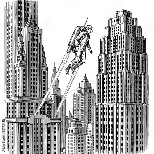 Man using personal jetpack flying between skyscrapers in cityscape  