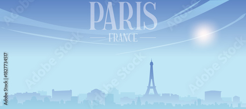 Blue panoramic poster of the city skyline with misty background buildings and clouds of PARIS, FRANCE
