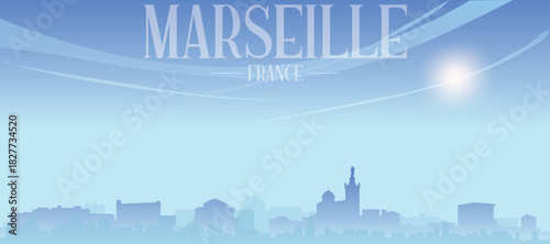 Blue panoramic poster of the city skyline with misty background buildings and clouds of MARSEILLE, FRANCE