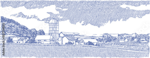 A blue and white drawing of a rural area with a barn and a house. The barn is in the middle of the scene. vector illustration