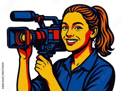 woman filming with a professional video camera, ideal for media and production themes. vector colorful pop art illustration.
