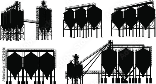 Grain silo silhouettes, industrial storage, agricultural bins, conical hoppers, catwalks, black vector, infrastructure icons, engineering design