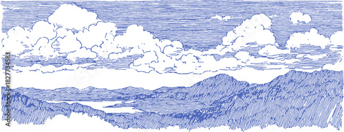 A blue and white drawing of a mountain range. The mountains are in the background and the sky is cloudy. vector illustration