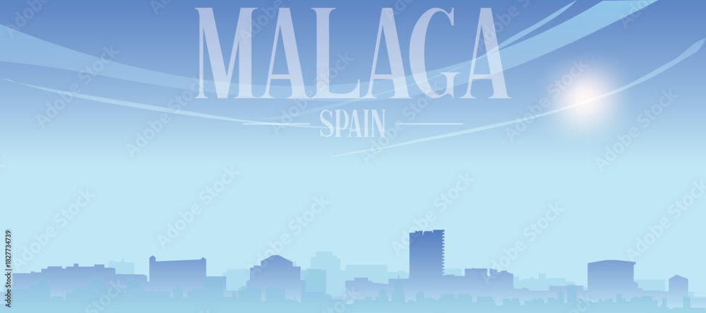 Naklejka premium Blue panoramic poster of the city skyline with misty background buildings and clouds of MALAGA, SPAIN