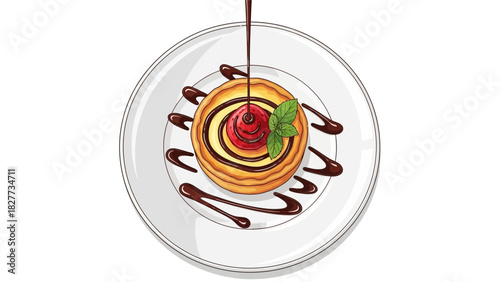 An illustration of golden pancakes topped with red fruit, mint, and chocolate sauce being poured on a white plate.