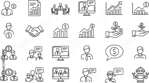 Business finance icons, teamwork, communication, growth, investment, strategy, video conference, handshake, dollar, report, meeting, cad drawing flat vector illustration