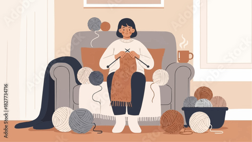 A heartwarming vector illustration capturing the serene joy of a woman knitting a cozy scarf indoors, perfect for a relaxing winter evening and festive Christmas holiday
