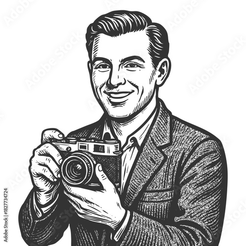 smiling man in a blazer holding a classic camera, perfect for photography or creative themes sketch engraving fictional character vector illustration. Scratch board. Black and white.