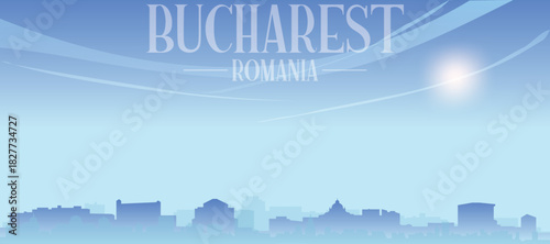 Blue panoramic poster of the city skyline with misty background buildings and clouds of BUCHAREST, ROMANIA
