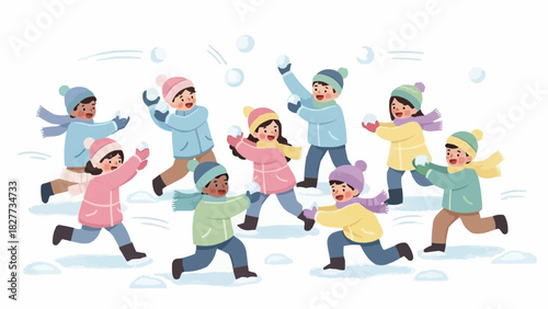 Happy diverse children having a snowball fight in a winter landscape, a joyful Christmas vector illustration