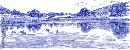 A blue and white drawing of a lake with trees in the background. The water is choppy and the sky is cloudy. vector illustration
