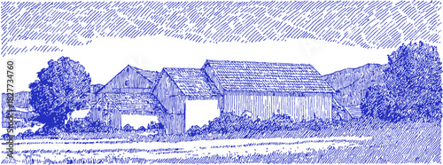 A blue and white drawing of a house with a barn and trees in the background. The house is old and has a lot of character. vector illustration