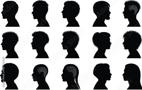 Head profile silhouettes, hairstyle icons, tribal scalp patterns, black vector, fashion design, hair texture, artistic head shapes
