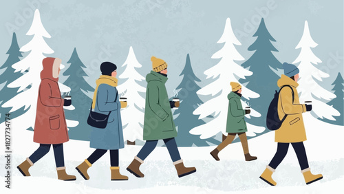 Cozy winter walk A vector illustration of people enjoying the Christmas season outdoors