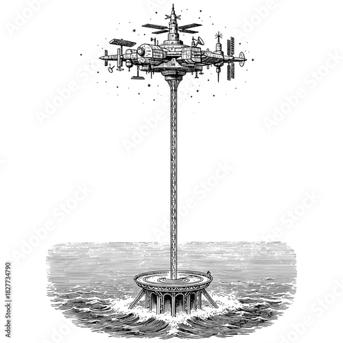 Space elevator rising from ocean to orbiting station in futuristic design  