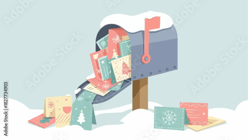 A charming vector illustration of a mailbox overflowing with festive Christmas cards and greetings in a snowy winter landscape
