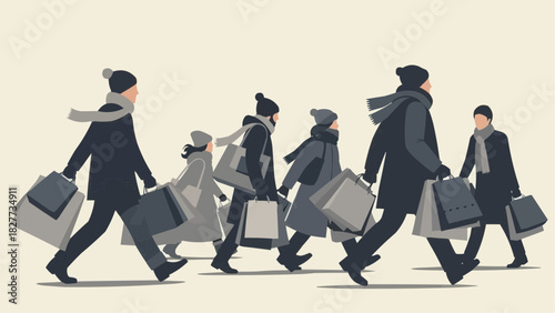 Vector illustration of a family and shoppers walking with bags during winter Christmas sales