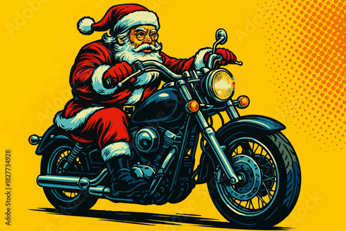 Santa Claus in full costume riding a classic motorcycle, perfect for fun holiday or biker-themed designs. vector colorful pop art illustration.