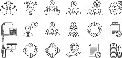 Finance teamwork icons, business strategy symbols, financial planning vector, economic growth illustration, money management, cad drawing flat vector illustration
