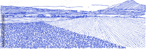 A blue and white drawing of a field with a mountain in the background. The drawing is in a pixelated style. vector illustration