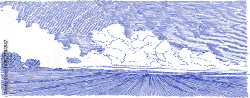 A blue and white drawing of a cloudy sky with a field in the background. The sky is filled with clouds and the field is empty. vector illustration