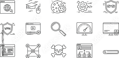 Internet security, online privacy, VPN, malware protection, data analysis, web search, coding, e-learning, streaming, cybersecurity, cad drawing flat vector illustration
