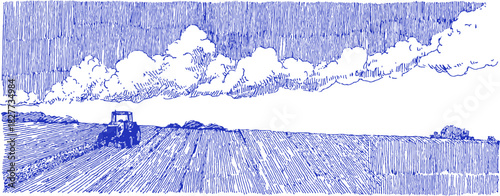 A blue and white drawing of a tractor driving down a road. The road is empty and the sky is cloudy. vector illustration