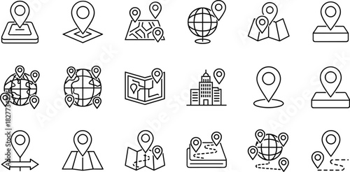 Location pin icon set, GPS map symbols, navigation vector, global positioning, travel direction, route marker, cad drawing flat vector illustration