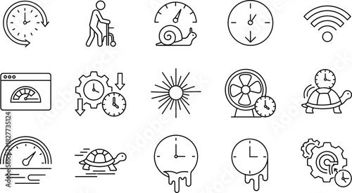 Slowness delay time icons set, turtle snail clock gear walker slow speed concept, CAD drawing flat vector illustration