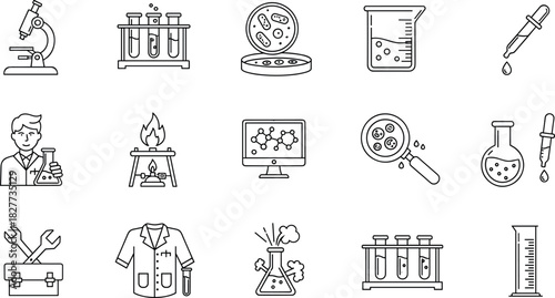 Science lab equipment icon set, black and white line style, chemistry biology tools, cad drawing flat vector illustration
