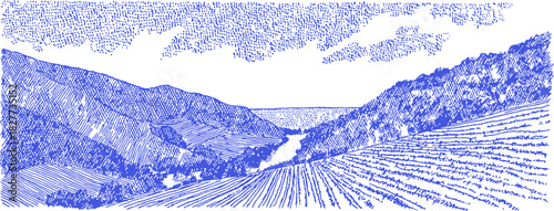 A blue and white drawing of a valley with a river running through it. The valley is surrounded by hills. vector illustration