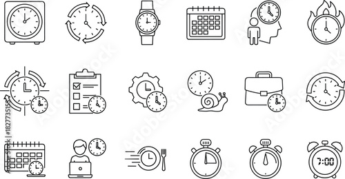 Time management icons, clock, calendar, schedule, productivity, deadline, stopwatch, gear, checklist, urgency, vector set, cad drawing flat vector illustration