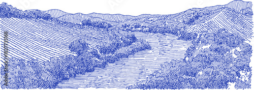 A blue and white drawing of a river. The river is surrounded by trees and hills. The drawing is in a blue and white color scheme. vector illustration