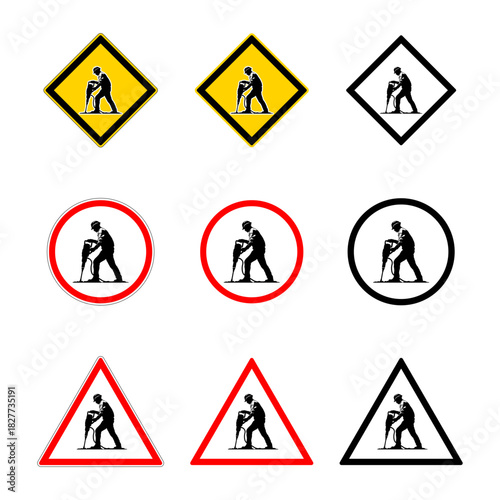 Set of traffic warning signs with a black silhouette of a worker with a pneumatic hammer in a helmet without background.
