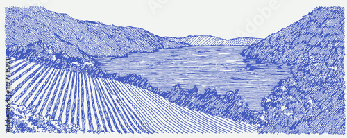 A blue and white drawing of a valley with a lake in the middle. The valley is surrounded by hills and the lake is calm. vector illustration