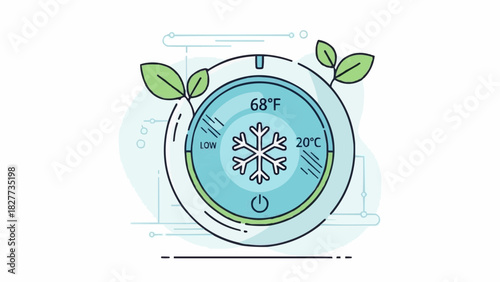 Vector illustration of a winter climate control with a snowflake, leaf, and Christmas temperature of 68 degrees Fahrenheit