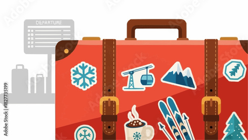Vector illustration of a vintage travel suitcase with winter holiday and Christmas stickers for a ski resort vacation