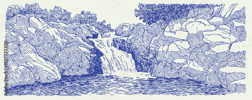 A blue and white drawing of a waterfall. The waterfall is in the foreground and the rocks are in the background. vector illustration