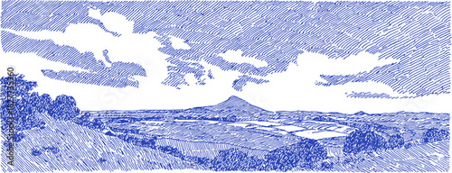 A blue and white drawing of a mountain range. The mountains are in the background and the sky is blue. vector illustration