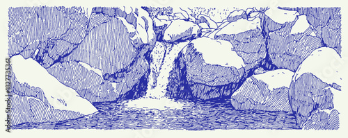A blue and white drawing of a waterfall. The water is flowing down a rocky cliff. The rocks are scattered around the waterfall. vector illustration