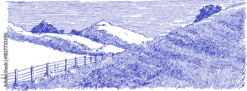 A blue and white drawing of a hillside with a fence. The hillside is covered in grass and trees. vector illustration
