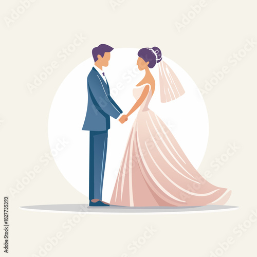 Elegant Wedding Couple Holding Hands in Vector Illustration.