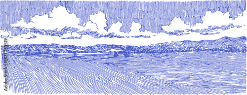 A blue and white drawing of a beach with a cloudy sky. The sky is filled with clouds and the water is calm. vector illustration