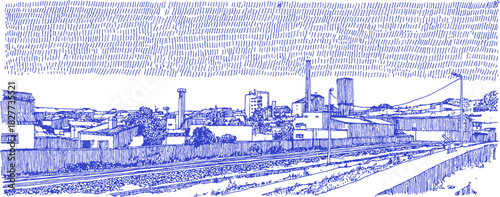 The image is a blue and white drawing of a city with a train track running through it. vector illustration