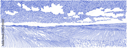 A blue and white drawing of a field with a cloudy sky. The sky is filled with clouds and the field is empty. vector illustration