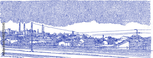 A blue and white drawing of a city with a lot of buildings. The buildings are in the background and the sky is cloudy. vector illustration