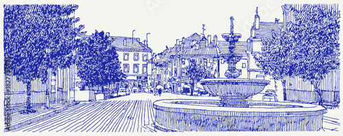 A blue and white drawing of a city street with a fountain in the middle. There are trees on the left side of the street. vector illustration
