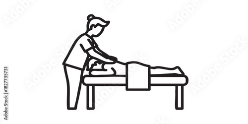 Masseur and man with towel thin line icon, spa massage concept. Vector graphics. Massaging client back on bed, therapy sign on white background, style icon mobile or web design